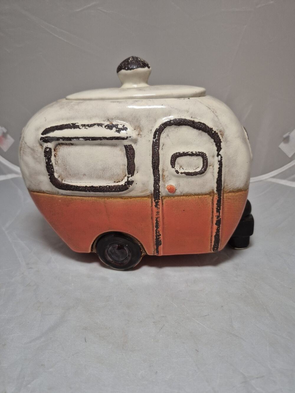 💥 10.43"L Orange Bottom Camper Shape Ceramic Canister Cookie Jar Camping